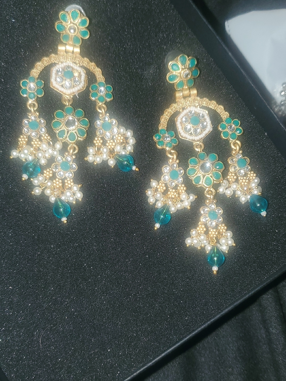 Gold-Tone Green Floral Chandbali Earrings with Teal Bead Drops